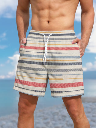 Men's Colorful Striped Shorts with Pockets, Drawstring Sports Shorts for Beach, Summer Vacation, Swimming, Surfing 