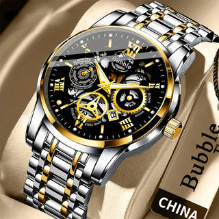 Men's Business Fashion Skeleton Watch Calendar Feature - Quartz Watch with Stylish Alloy Strap 