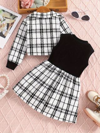 Elegant Tweed Knitted Collar Blazer + Colorful Cross Sleeveless Dress Matching Outfits for Girls in Spring/Autumn 