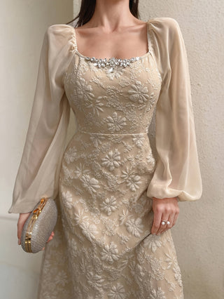 Elegant Square Neck Sequin Belt Back Dress Women's Soft Fabric Embellished Lantern Sleeve A-Line Dress 