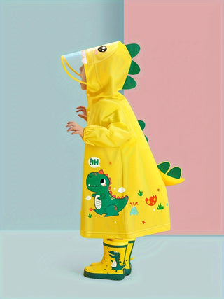 Boys Girls Casual Cartoon Dinosaur Print Waterproof Raincoat, Long Sleeve Hooded Rain Poncho Jacket, Boys Outdoor Rain Suit 