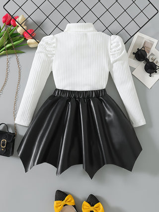 Girls Elegant 2 Piece Set: Solid Color Turtleneck T-shirt and Faux Leather Bowknot Skirt - Long Sleeve Fashion Outfit for Spring/Autumn 