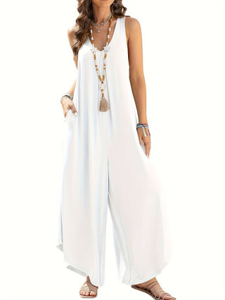 Solid Color Jumpsuit, Casual V Neck Wide Leg Jumpsuit for Spring Summer, Women's Clothing 