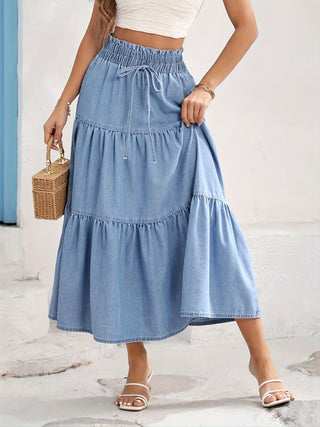 Women's Elegant Denim Maxi Skirt Gathered Waist Spring/Summer/Autumn Solid Color 