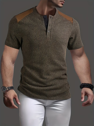 قميص هينلي كاجوال مخطط للرجال - أكمام قصيرة، بأزرار، قماش محبوك، تصميم كتلة اللون، مثالي للأنشطة الخارجية في الصيف، ملابس كاجوال | نمط مخطط | بناء محبوك، قميص هينلي