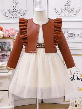 2Pcs Fashion Girls Solid Color Open Front Long Puff Sleeve Faux Leather Jacket and Belted Sleeveless Mesh Dress for Spring Autumn Outdoor 