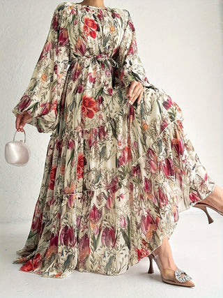 Ramadan Floral Print Dress, Casual Lantern Sleeve Dress, Women's Clothing 