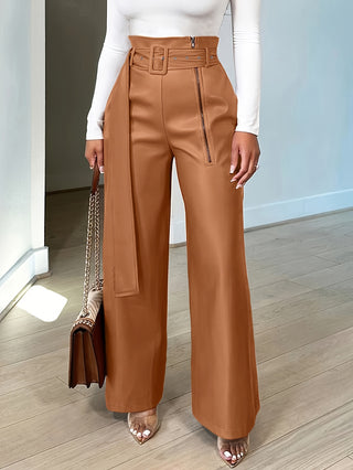 Colorful Zipper Belt Pants, Spring Summer Elegant Wide Leg PU Leather Pants, Women's Clothing 