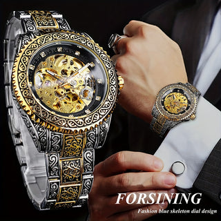 Forsining Luxury Men's Watch - Mechanical Design Skeleton Stainless Steel Antique Gold Tone with Rhinestone Accents, Not Water Resistant 