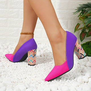 Stylish European Style High Heel Shoes: Bold pink and purple shades, pointed toe, chunky heel, non-slip, TPU sole, and random print design - perfect for fall fashion 