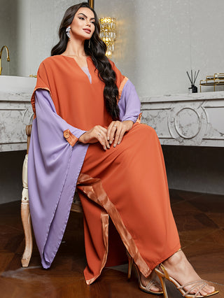 Modest Split Neck Ramadan Color Dress Elegant Batwing Sleeve Loose Fit Maxi Dress for Women 