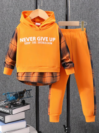 2pcs Boys Street Style Outfits 2pcs Hoodie and Sweatpants Set Plaid Pattern Never Give Up Print Kids Clothes Spring Autumn 