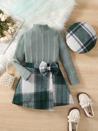 3 Pieces Girls Plaid Set, Mock Neck Knitted Top and Plaid Skirt with Hat - Winter/Autumn Outfits, Stylish and Cute Clothes 