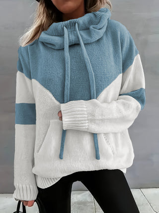 Color Block Zip Up Hoodie Sweatshirt Casual Long Sleeve Kangaroo Pocket Autumn Winter Women Clothing 