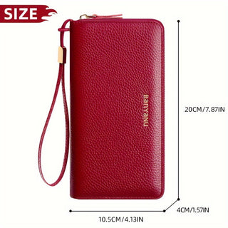 Bariano Women's Elegant Leather Wallet with Wrist Strap - Large Capacity Double Zip, Credit Card Compartments, Electronic Jam Protection, Polyester Lining - Burgundy, Guangzhou 