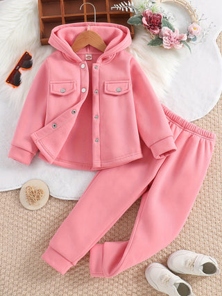 Girls 2 Pieces Sets, Front Button Hooded Jacket + Jogger Pants, Autumn Party Sports Outdoor Outfits 