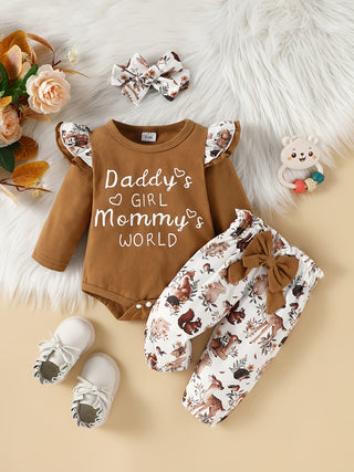 Adorable 3pcs Outfit For Baby Girls - Romper، Ruffle Sleeve Bodysuit، Cartoon Print Pants & Headband Set!