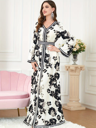 Floral Print V Neck Kaftan Abaya Dress Elegant Long Sleeve Maxi Dress Women Clothing 