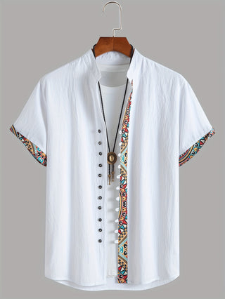 قميص رجالي بأكمام قصيرة بأزرار بطباعة هندسية من القطن الخالص بياقة واقفة، قميص علوي للترفيه للصيف والمنتجعات الخارجية اليومية