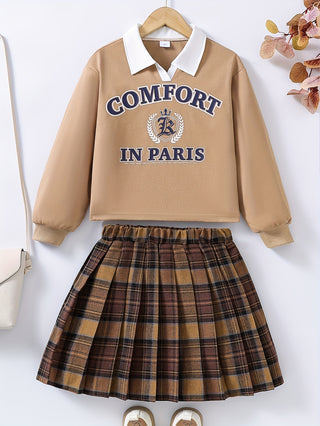 Autumn Girls 2 Piece Set Letter Print Khaki Collar Jacket and Pleated Plaid Mini Skirt Outfits Outerwear 