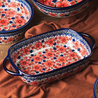 Hand Painted Ceramic Bakeware Set with Handles - Round Floral Design for Oven, Casserole, Cheese Bread, Lasagna Pan - Artisan Snow Plum Pattern 