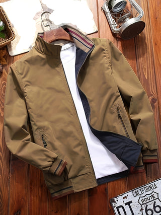 Men's Casual Reversible Jacket - Polyester, Stand Collar, Solid Color with Pockets for Spring/Autumn 