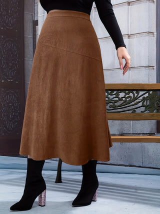 Plus Size Corduroy Skirt - Mid-Calf Flared Cut with Zipper Detail, 100% Non-Stretch Polyester Fabric, Solid Color, Suitable for Fall/Winter - Corduroy Knit Skirt Collection 