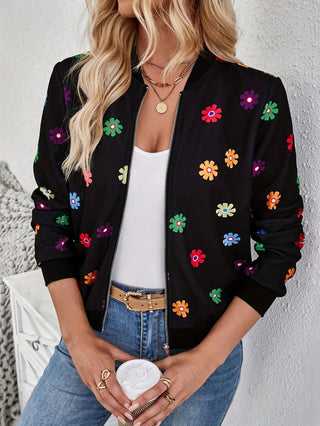 Floral Print Zipper Jacket Casual Long Sleeve Bomber Jacket Spring Autumn Women Clothing 