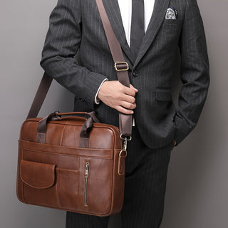 Genuine Leather Men's Briefcase, Laptop Messenger Bag, for Office, School, College 