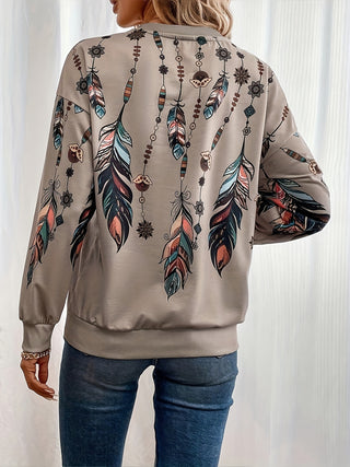 Feather Print Sweater, Casual Sports Long Sleeve O Neck Sweatshirt for Autumn Winter, Women's Clothing 