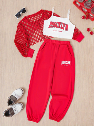 Girls 3 Piece Outfit Set, Brooklyn Letter T-shirt + Hooded Top + Jogger Pants - Versatile for Summer and Casual Outdoor 