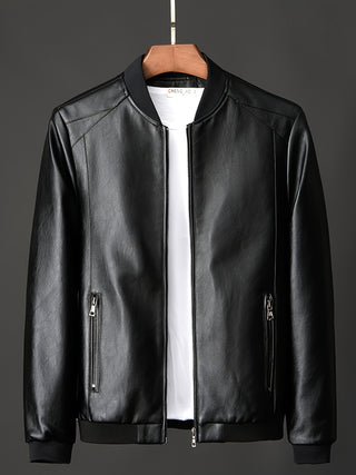 Men's Faux Leather Jacket Casual Baseball Jacket Long Sleeve Zipper Collar Pockets 