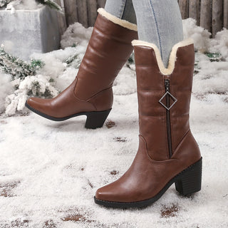 Fashion Women's Winter Boots - Warm and Comfortable, Easy to Wear, Mid Calf with Thick Heel, Square Toe, Faux Fur 