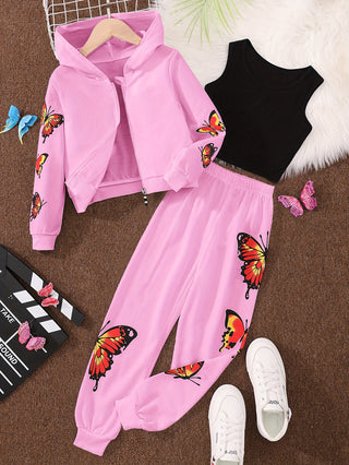 Girls 3 Pieces Sets, Sleeveless Shirt + Zipper Hoodie + Jogger Pants, Butterfly Graphic Outfits Autumn Party Outdoor Sports Clothes 