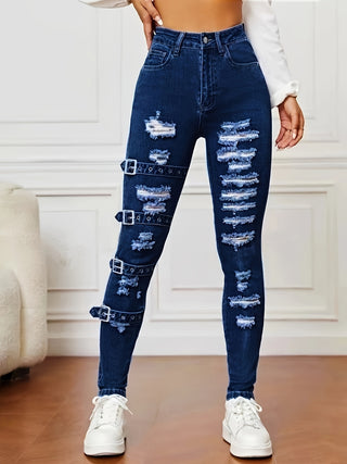 Women's High Waist Stretch Denim Jeans with Ripped Knees, Cotton Blend, All Season, Machine Washable 