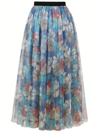 Elegant Floral Print Midi Skirt with Tulle Layers - High Waist, A-Line Design for Women 