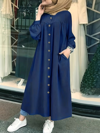 Elegant Women's Solid Button Long Sleeve Burqa, Women's Clothing 