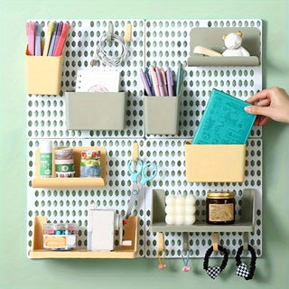 Wall mounted storage shelf to organize student desk in college dorm, no drilling required. 