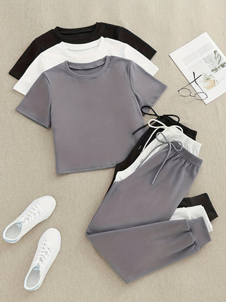 Women's 3 Piece Sports Set Solid Color T-shirt and Drawstring Waist Joggers Set Autumn Winter. 