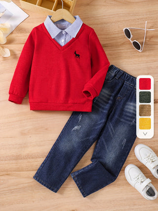 2Pcs Boys Deer Embroidered Long Sleeve Knitted Shirts Denim Pants Set Kids Outdoor Clothes