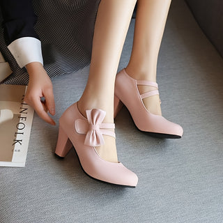 Women's Bow Decoration Solid Color Thick High Heel Elegant Dress Shoes 