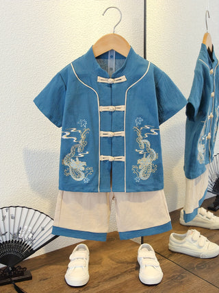 Boys' Traditional Chinese Tang Suit 2 Pieces Hanfu Set Embroidered Dragon Casual Style Summer Clothes Elegant Light Comfortable 