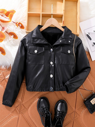 Girls Solid Color Faux Leather Jacket Long Sleeve Notched Collar Motorcycle Coat Stylish Button Up Winter Autumn Novelty Gift 