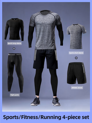 Men's 4 Piece Sports Set: Quick Dry Long Sleeve Shirt, T-Shirt, Leggings and Shorts - High Elasticity, Breathable for Running, Basketball and Training 