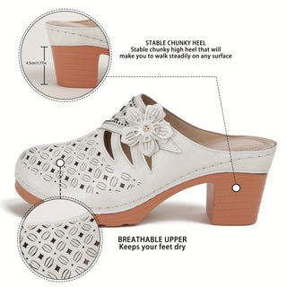 Women Flower Decor Thick Heel Mules, Fashion Hollow Design Dress Pumps, Elegant Slip On Shoes 